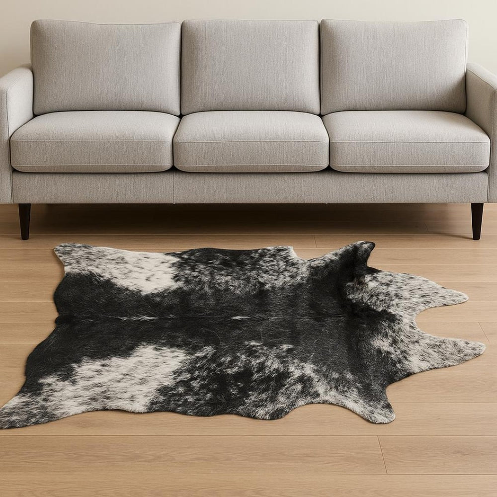 HomeRoots 4' X 5' Black and White Faux Fur Cowhide Area Rug - Soft, Washable, Modern Animal Print Accent Piece 358151