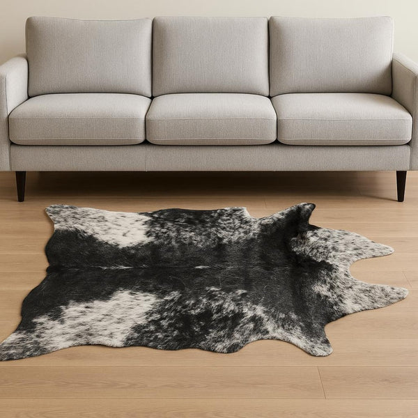 HomeRoots 4' X 5' Black and White Faux Fur Cowhide Area Rug - Soft, Washable, Modern Animal Print Accent Piece 358151