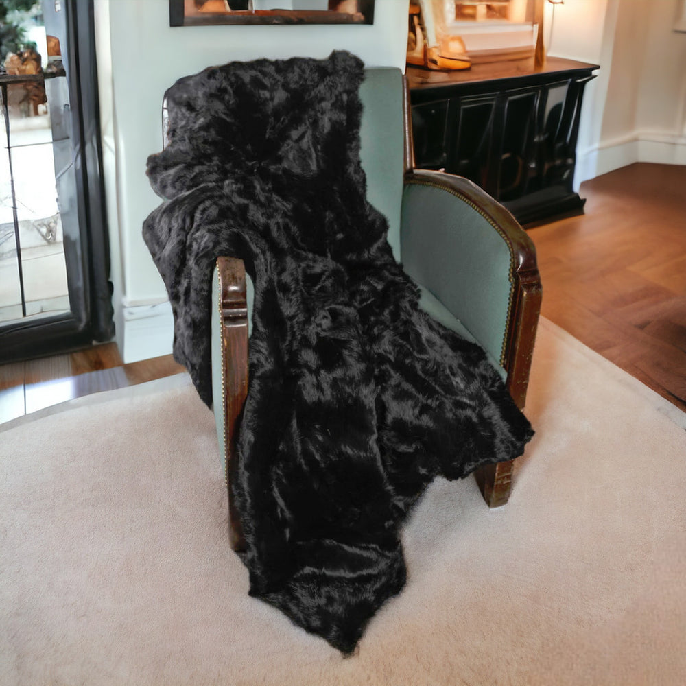 Homeroots Black Knitted Rabbit Solid Color Plush Reversable Throw  Rabbit Fur 358166