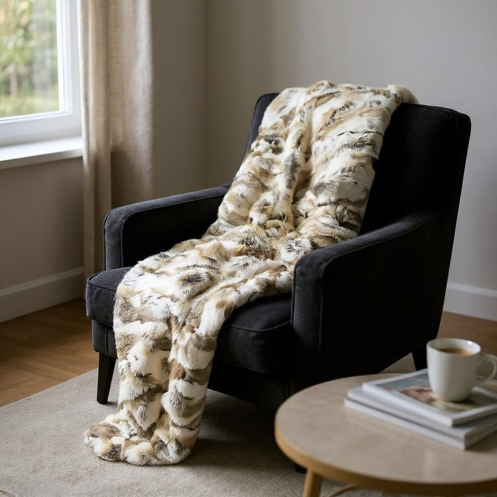 HomeRoots 60" Tan Knitted Rabbit Fur Throw Blanket - Luxurious Animal Print for Cozying Up in Style 358168