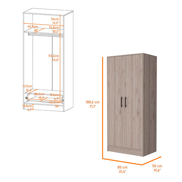 English Elm Rio Light Gray Double Door Armoire 71" High with Hanging Rod, Top Shelf & Hidden Bottom Drawer for Spacious Bedroom Storage B128S00113