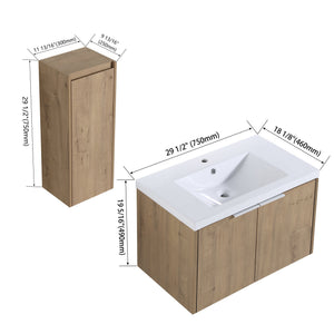 English Elm 30" Wall-Mounted Bathroom Vanity With Resin Sink & Side Cabinet For Modern Space-Saving Style W999S00219