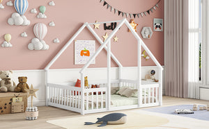 English Elm Full House-Shaped Floor Bed with Fence and Guardrails, Pine Wood Play Loft for Imaginative Kids Retreat White W504P143294