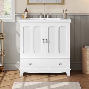 English Elm 30" Modern Bathroom Vanity with Ceramic Sink, Solid Wood Frame, Soft-Close Drawer & Adjustable Shelf White N710P293306K