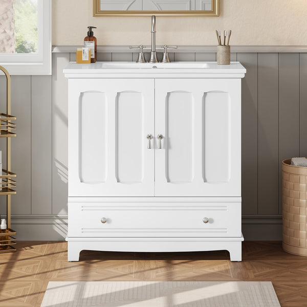 English Elm 30" Modern Bathroom Vanity with Ceramic Sink, Solid Wood Frame, Soft-Close Drawer & Adjustable Shelf White N710P293306K