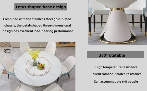 English Elm Round Sintered Stone Dining Set Sculptural Petal Base Six Pu Leather Chairs Modern W509S00184