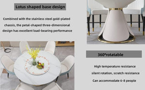English Elm Round Sintered Stone Dining Set Sculptural Petal Base Six Pu Leather Chairs Modern W509S00183
