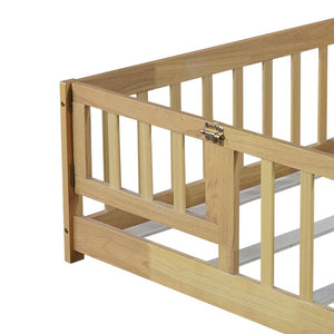 English Elm Twin Size Rubberwood Floor Bed with Safety Fence for Toddler Rooms Natural Finish W504P370531