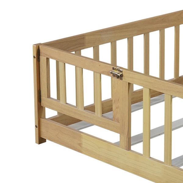 English Elm Twin Size Rubberwood Floor Bed with Safety Fence for Toddler Rooms Natural Finish W504P370531