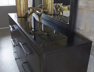 English Elm Modern Six Drawer Dresser with Glass Inset Top Gunmetal Pulls Charcoal Ash Veneer B011P201585