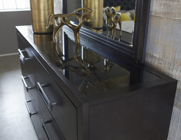 English Elm Modern Six Drawer Dresser with Glass Inset Top Gunmetal Pulls Charcoal Ash Veneer B011P201585