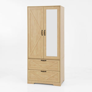 English Elm 2 Door Wardrobe Closet with Full Length Mirror Motion Light Hanging Rod and Drawers Natural W409P266780