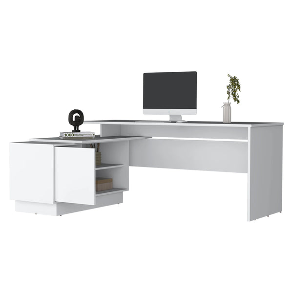 English Elm White L-Shaped Desk with Secure Cabinet and Five Shelves, Spacious Corner Workstation, Modern Finish B062S00601