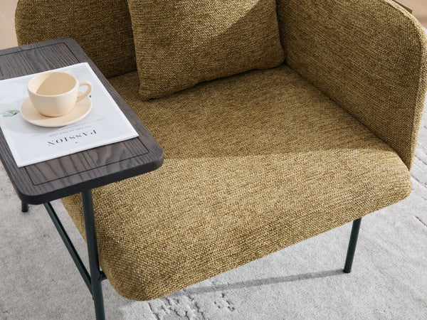 English Elm Leisure Linen Accent Chair with Built-in Side Table Pockets and Lumbar Pillow Modern Yellow W395P453313