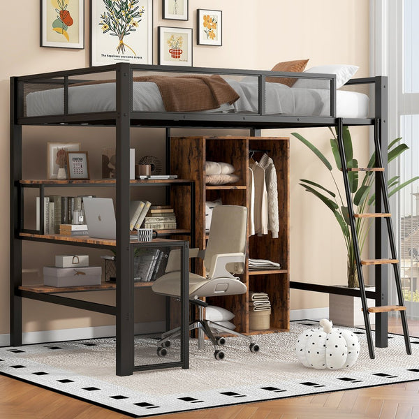 English Elm Full Full Size Metal Loft Bed with Built-In Desk, Wardrobe & Shelves in Black — Space-Saving, Sturdy Design (Fits 6" Mattress) GX001134AAB