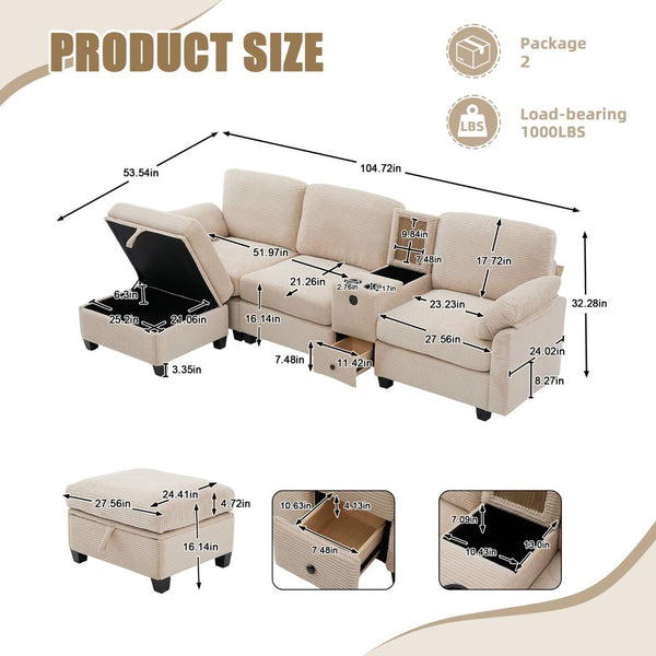 English Elm United Multifunctional L-Shaped Corduroy Sofa: 4-Seater With Usb Ports, Storage, And Comfort Features W1568S00226-GIGA