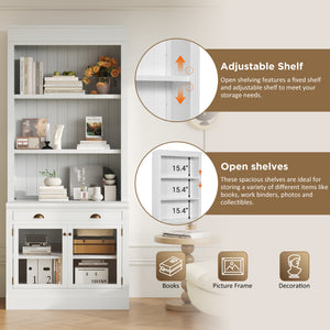 English Elm 83.4"Tall Modern Bookcase With Glass Doors & Drawer - Stylish Storage For Living Room Or Office Use N751S323419K