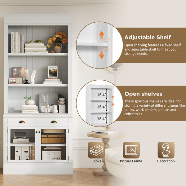 English Elm 83.4"Tall Modern Bookcase With Glass Doors & Drawer - Stylish Storage For Living Room Or Office Use N751S323419K