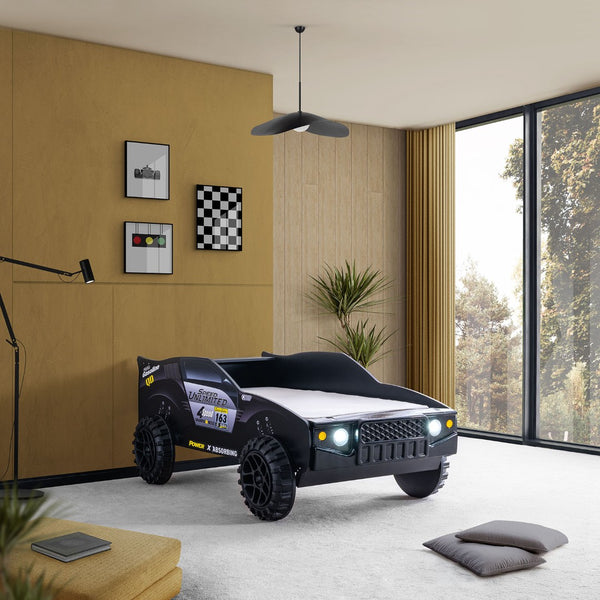 English Elm Modern Jeep Twin Bed with Led Headlights Gloss Black Mdf Frame for Kids Rooms B2741S00915