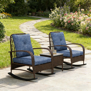 English Elm Balcony Wicker Rocking Chair Set Pe Rattan Bistro Seating with Tufted Cushions T3971P446005