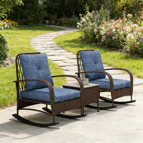 English Elm Balcony Wicker Rocking Chair Set Pe Rattan Bistro Seating with Tufted Cushions T3971P446005