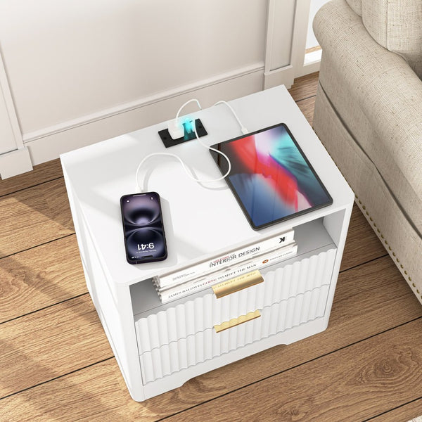 English Elm Nightstand with Usb Charging Ports Ac Outlet Night Light and Cabinet for Bedroom W1321P399421