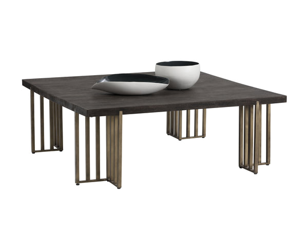 Sunpan Alto Coffee Table - Distressed Oak with Antique Brass Legs, Classic Style for Modern Living Spaces
