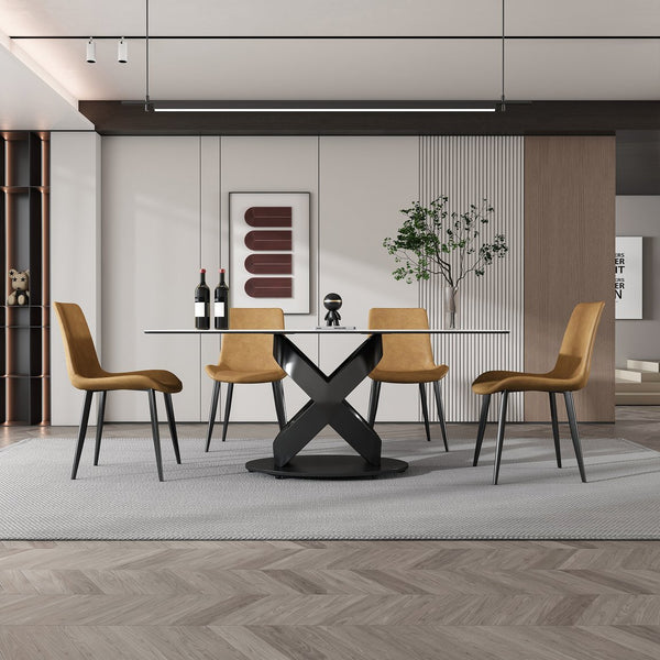 English Elm 71" Modern Luxury Dining Table with Sintered Stone Top, Unique Carbon Steel Base, Seats 6-8 Guests W2699S00022