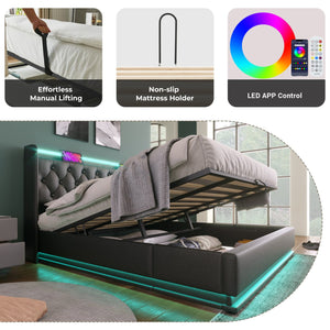 English Elm King Upholstered Bed with Surround LED, App/Remote Control, Hydraulic Storage, USB Type-C Charging Black N736P188808B