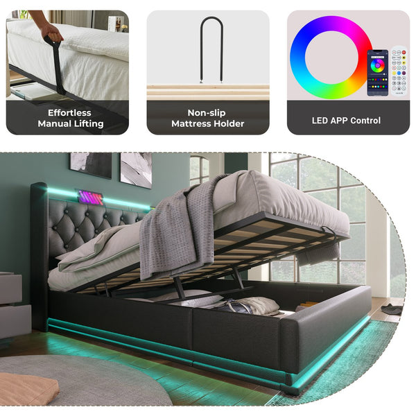 English Elm King Upholstered Bed with Surround LED, App/Remote Control, Hydraulic Storage, USB Type-C Charging Black N736P188808B