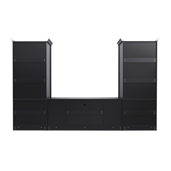 English Elm U-can Three Piece Wall Unit Built-in Media Center with Crown Molding and Tempered Glass Storage Black SJ000156AAB