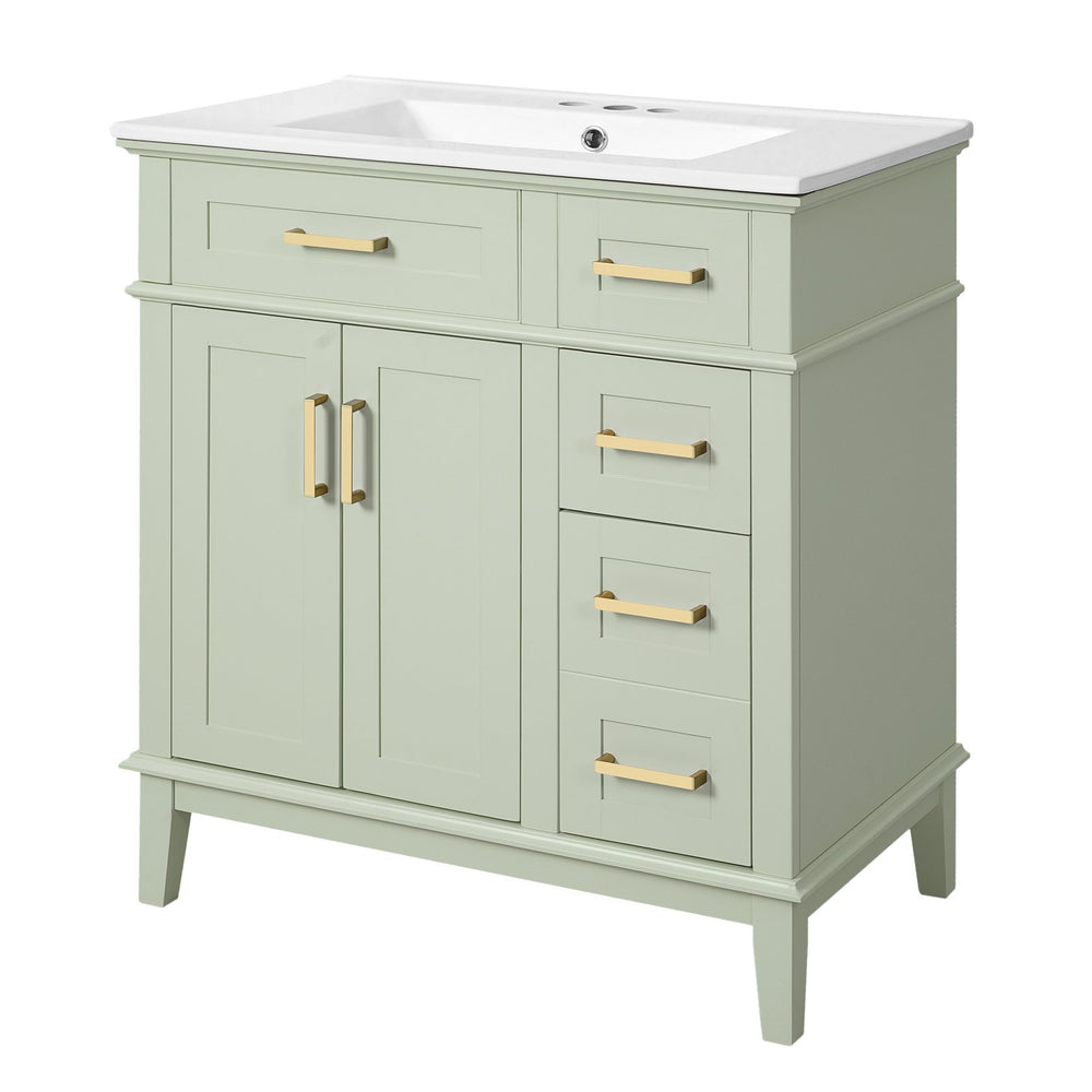 English Elm 30" Bathroom Vanity with Ceramic Sink and Deep Storage, Soft-Close Doors, Gold Handles, Durable Wood Frame Green N729P276610F