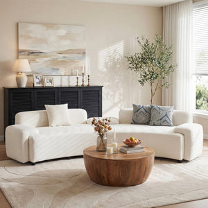 English Elm 122" Curved Sofa Off-white Fabric Four Seat Modern Living Room Couch with Damask Pillows Light Beige N758T030405A
