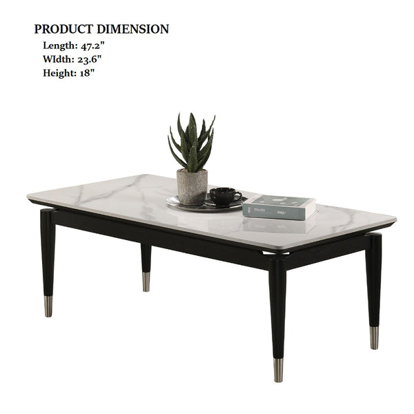 English Elm Contemporary sleek coffee table with sintered stone-look marble top, tapered legs and silver caps for modern elegance and durability Black,White 52 L x 27 W x 5 H B2741P401995