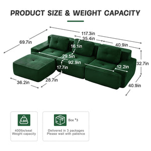 English Elm 117" Modern L-Shaped Modular Sectional Sofa - Stylish Comfort, Deep Seating, Movable Ottoman, Green W714S01486