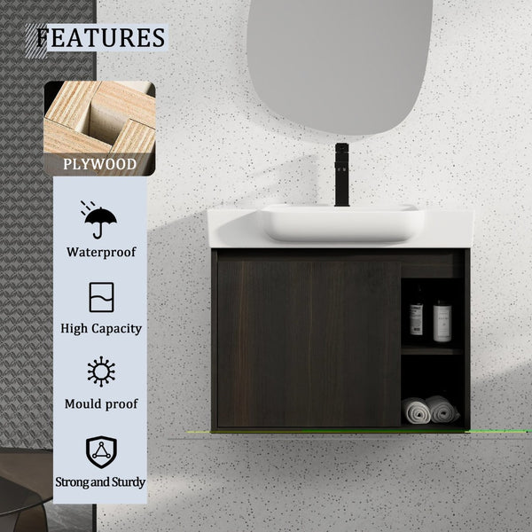 English Elm 28'' Floating Bathroom Vanity with Ceramic Sink Soft Close Door Melamine Cabinet Dark Oak W999P426640