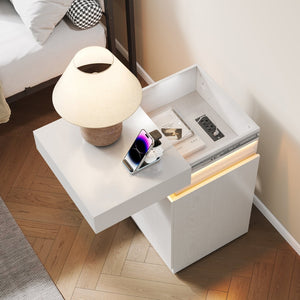 English Elm Nightstand with Rgb Led Lighting and Charging Hub Three Drawer Sleek Modern Bedside Ameican White Oak W5221P422262