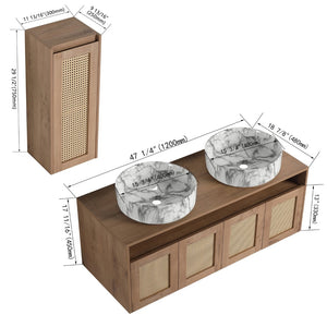 English Elm 48" Floating Bathroom Vanity Dual Ceramic Vessel Sinks Oak Finish Soft Close Doors W999S00500