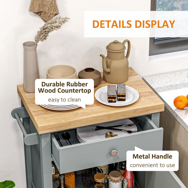 English Elm HOMCOM Rolling Kitchen Cart with Rubberwood Butcher Block Top, Drawer Cabinet Shelf & Towel Rack Gray W2225P217413