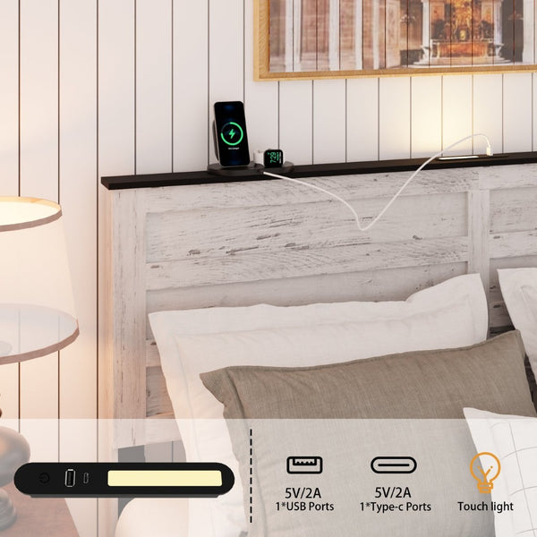 English Elm Queen Farmhouse Platform Bed Antique White Wood Frame Led Lighting and Charging Station W636P209999