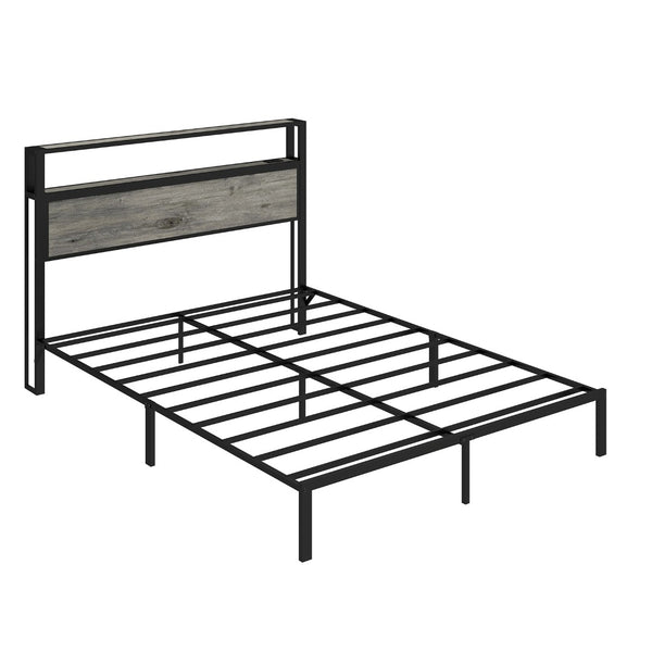 English Elm Queen Metal Platform Bed with Rgb Led Headboard Shelving and Built-in Charging Ports T3963P447321