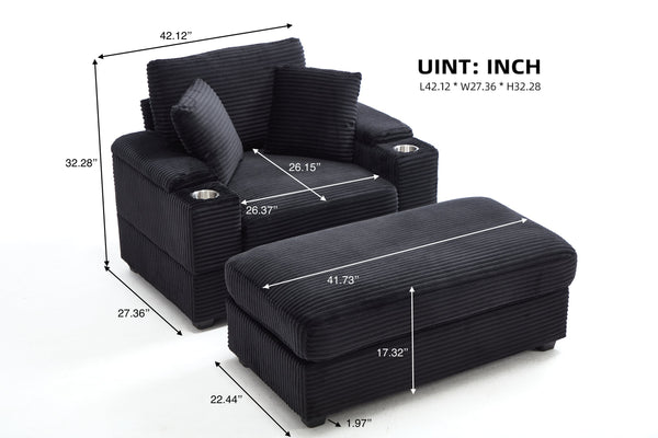 English Elm Corduroy Upholstered Chaise Lounge Sofa with Movable Ottoman, Cup Holder, Deep Seat Comfort Black W2120S00011