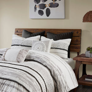 English Elm King/Cal King Cotton Printed Duvet Cover Set with Tufted Trim Rows, Black Stripe Percale, Hidden Bar Tacks, Shams B03596488