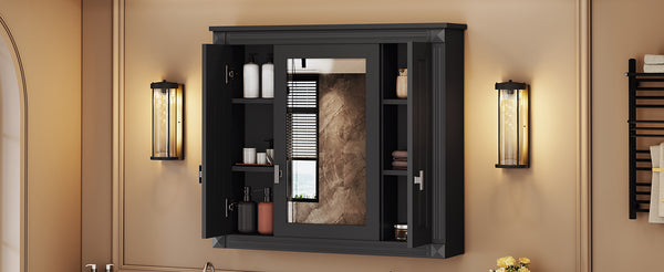English Elm Bathroom Wall Cabinet with Mirror and 5 Shelves — Wall-Mounted Medicine Cabinet, Modern Storage Solution Black N710P252503B