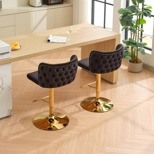 English Elm A&A Luxe Velvet Swivel Barstool with Gold-Plated 17.7" Base, Tufted Back, Ergonomic Waist Support Black W1143P204044