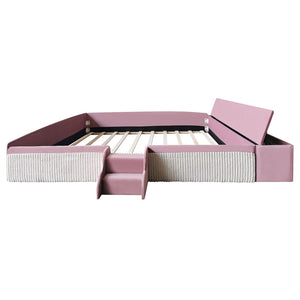 English Elm King Velvet Kids Platform Bed with Padded Guardrails Staircase and Storage Ottoman Pink+White SF000204AAH