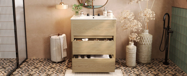 English Elm Christopher Knight Home® - 30" Bathroom Vanity with Ceramic Sink, 2 Soft-Close Full-Extension Drawers, Handle-Free 45° Design, Durable MDF Natural N817P280549N