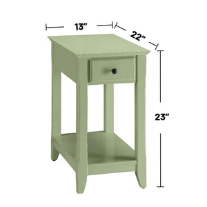 English Elm Wooden Transitional Rectangular Side Table with Slim Footprint, Open Shelf and Single Smooth Drawer Light Green B016P310253