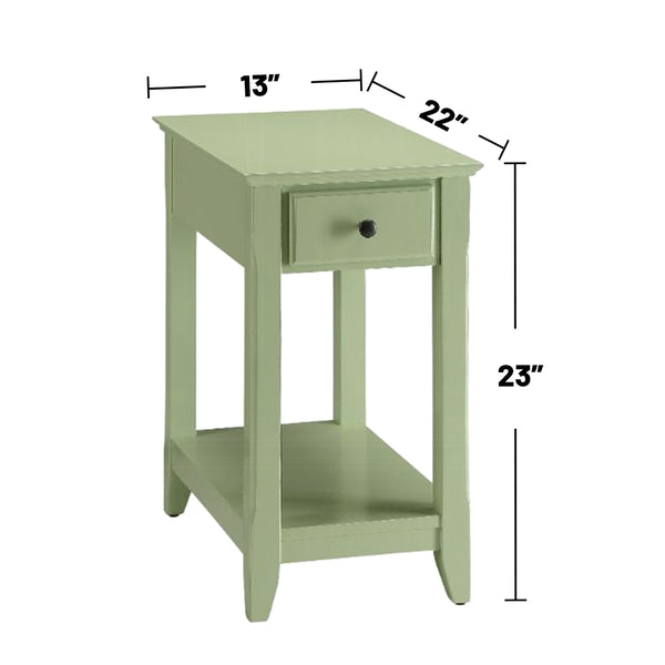English Elm Wooden Transitional Rectangular Side Table with Slim Footprint, Open Shelf and Single Smooth Drawer Light Green B016P310253
