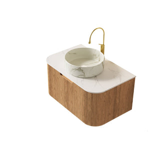 English Elm Muri Floating Bathroom Vanity Plywood Cabinet Sintered Stone Top Oak Drawer Carrara White,Natural Wood,Stone White W2615S00440